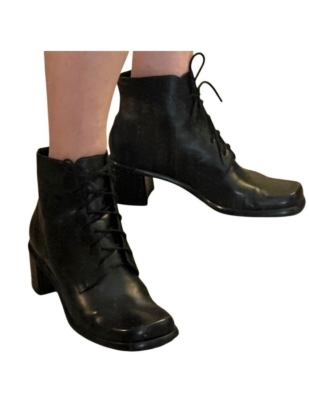 Vintage 90s Y2K Black Leather Square Toe Lace Up Ankle Boots 8.5 Whimsigoth